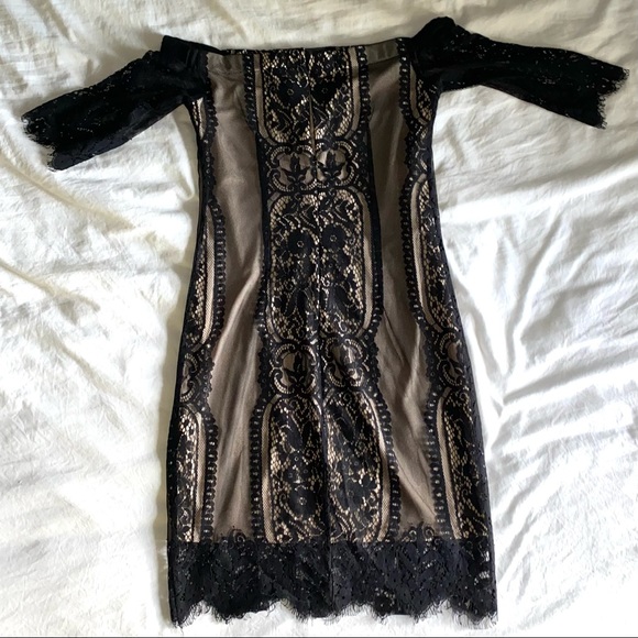 LUSH Open Shoulder Cream Black Lace Sheath Dress Small - Picture 3 of 3